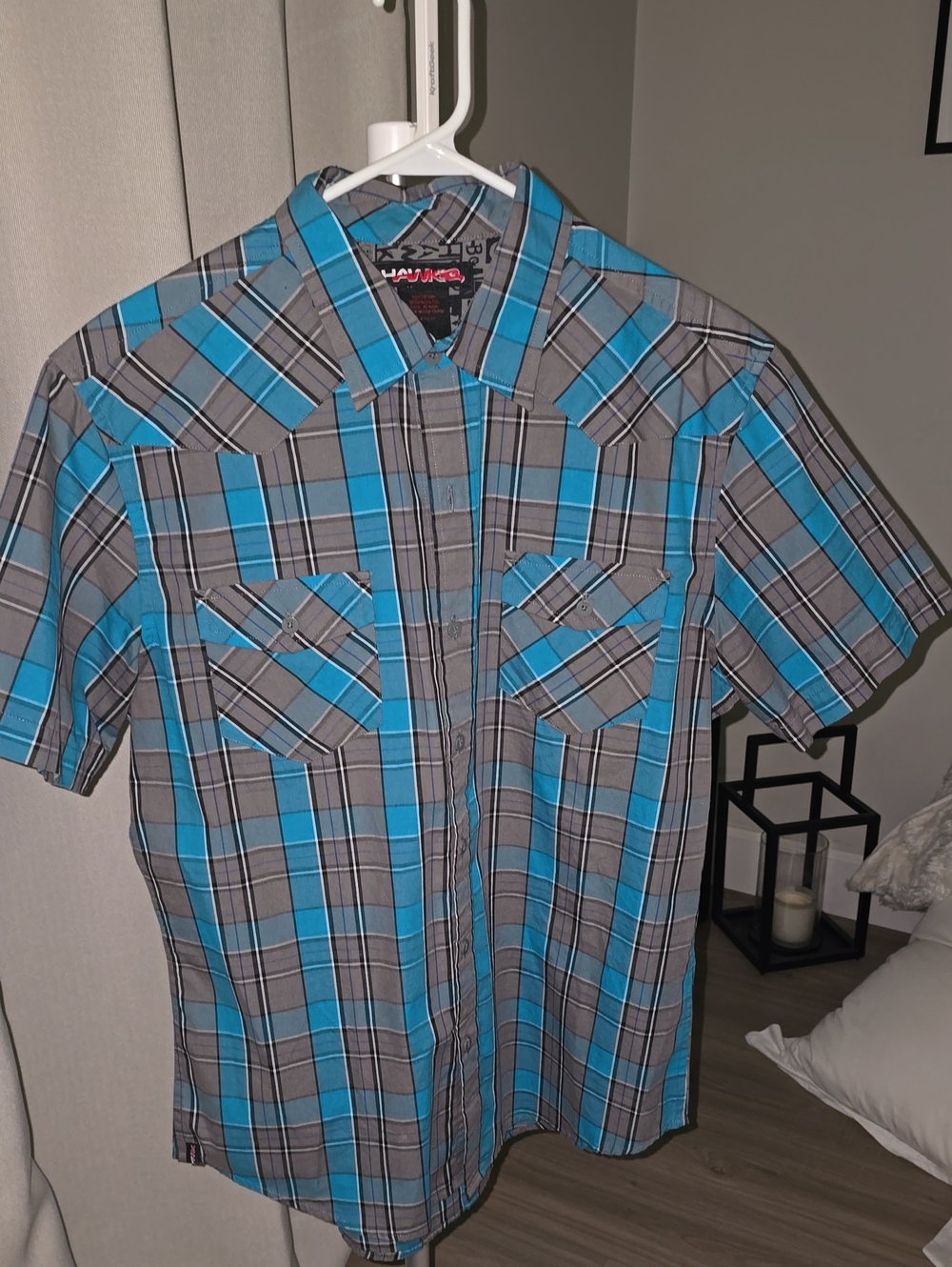Tony Hawk Blue and Gray Plaid Short-Sleeve Button-Down Shirt